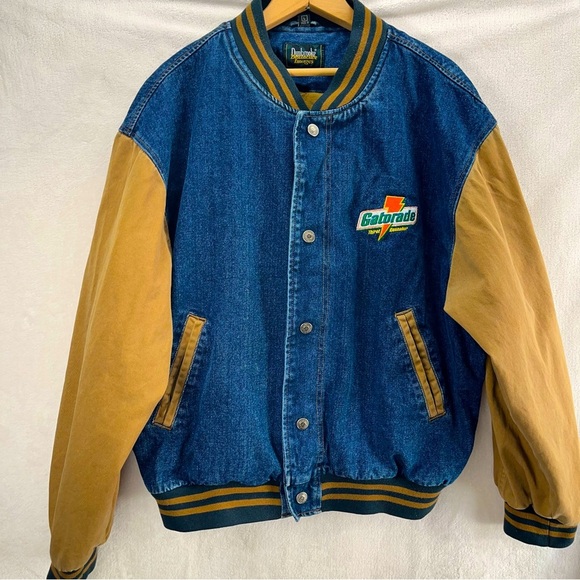 Vintage Dunbrooke Gatorade Varsity Denim Tan Bomber Jacket Mens Large Y2K - Picture 1 of 9